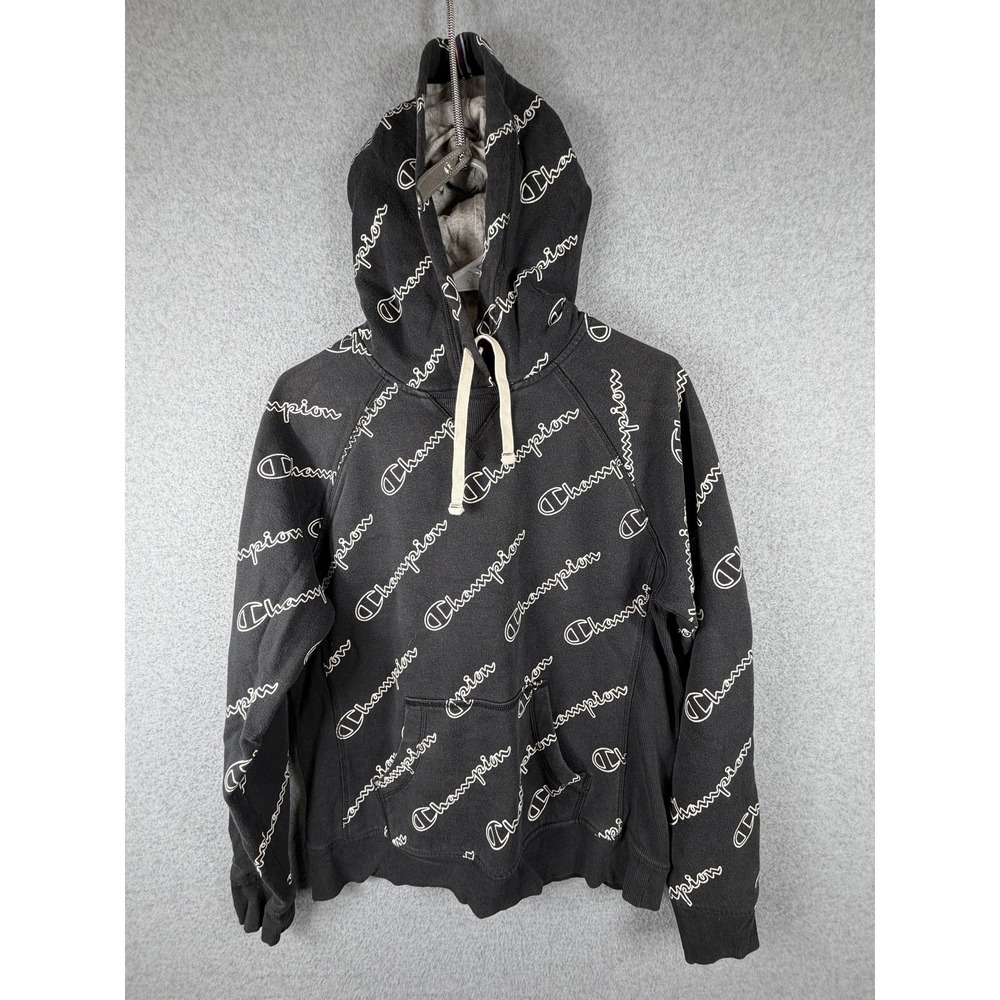 Champion Hoodie Mens Medium Black Pullover All‎ Over Spell Out Logo Fleece